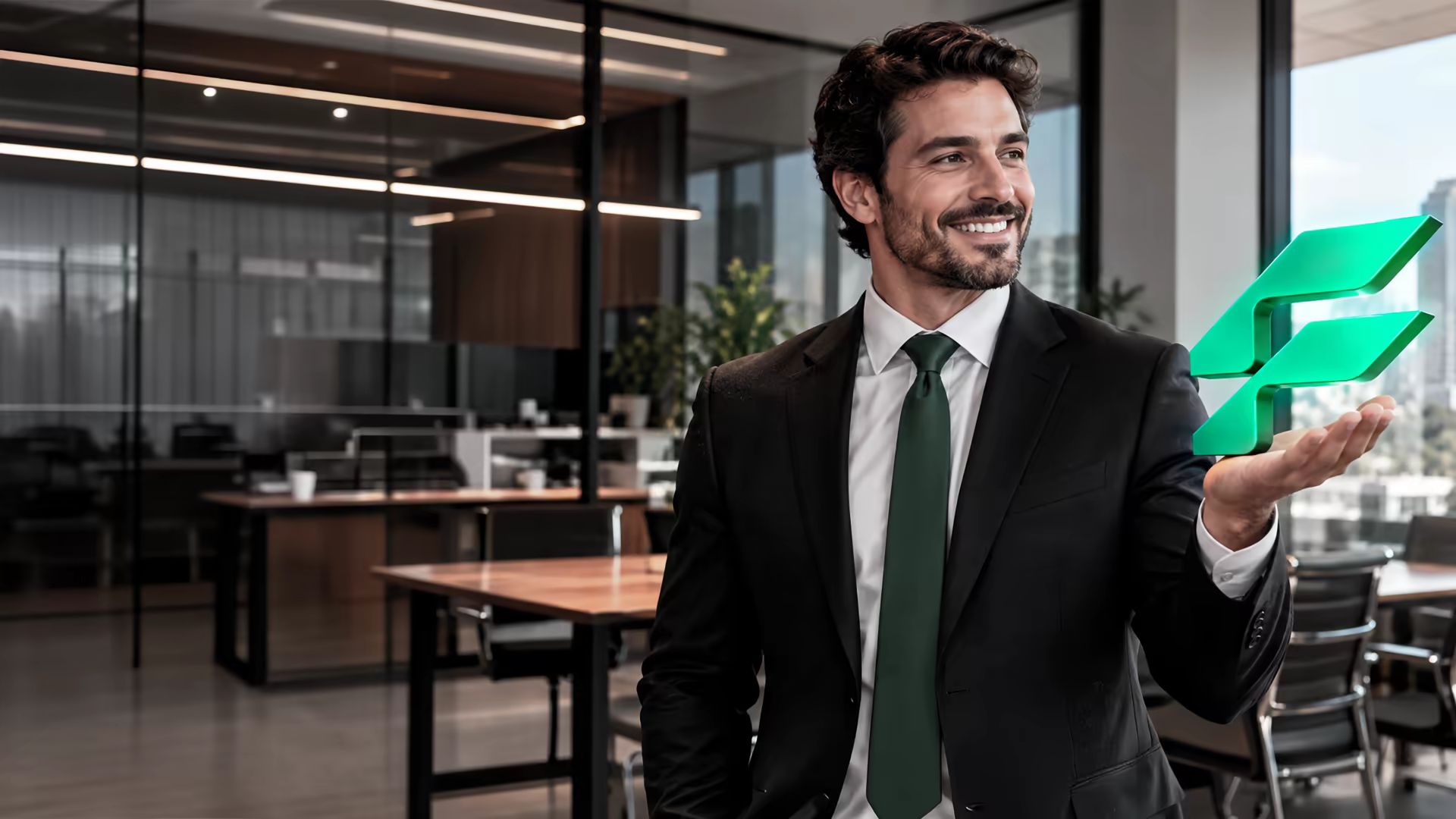 Executivo sorridente em um escritório segurando o símbolo da Confiança